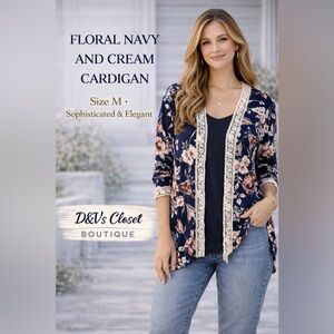 Ember Floral Navy Cream Cardigan Kimono Size M Boho Lightweight Open Front